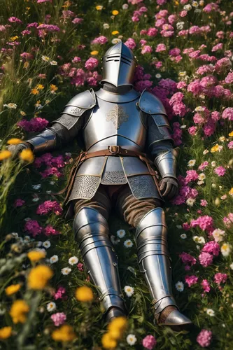 A medieval knight, in splendid armor, lying on a flowery meadow,field of flowers,knight armor,fallen petals,fallen flower,blooming field,flowers field,flower field,sea of flowers,knight tent,on a wild