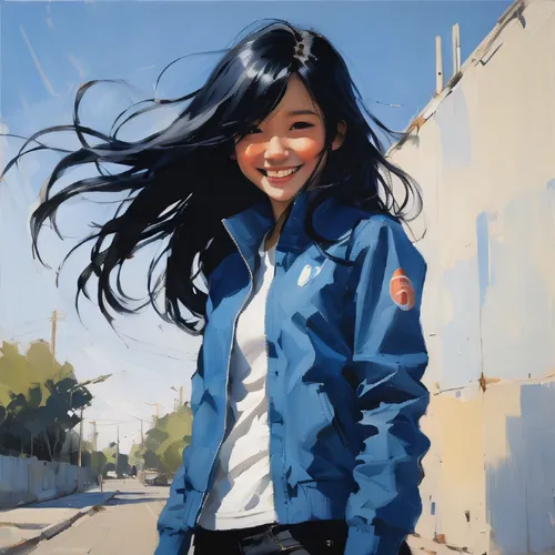 mari makinami,白斩鸡,a girl's smile,2d,青龙菜,hinata,japanese woman,girl portrait,jacket,parka,anime japanese clothing,girl with speech bubble,blue painting,asian woman,asian girl,little girl in wind,nico,j