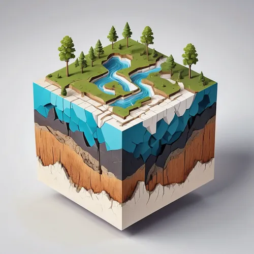 Isometric, Isometric view, Parallel, Environmental degradation, air depletion, water depletion, soil depletion, analytical drawing, square. cube, terracing, lands, white background, dead wood, dead gr