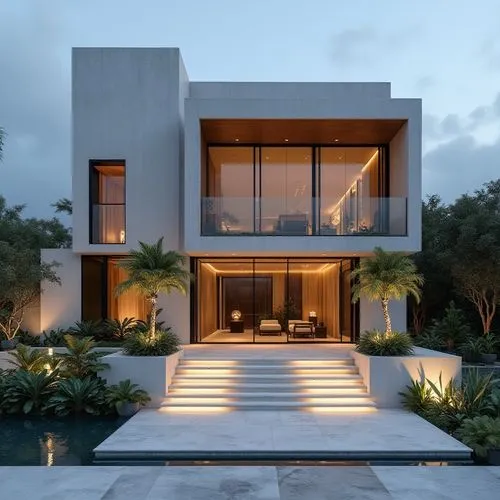 A hyper-realistic, high-resolution architectural photograph capturing a grand, ultra-modern luxury mansion at twilight. The building’s façade is composed of smooth white stone panels contrasted with s
