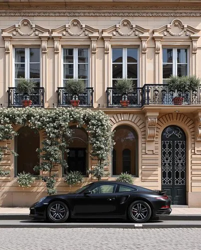 An elegant European-style building facade with intricate architectural details and black wrought-iron balconies adorned with white flowers. In front, a sleek black sports car is parked, adding a touch