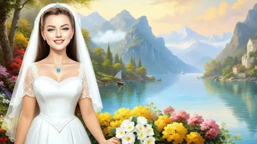 Romantic masterpiece oil painting, 1950's kitsch style, Romanian fjord riviera, bridal veil, high res, by Thomas Kinkade, by Bob Ross,a digital painting of a woman in wedding dress,fantasy picture,whi