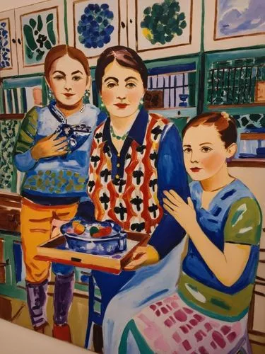 Ж живопись в стиле Матисса,this is a painting of people holding food in a kitchen,women at cafe,woman holding pie,mother with children,woman at cafe,girl in the kitchen,girl with bread-and-butter