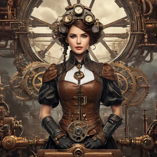 Create a book cover that portrays a dystopian world,steampunk,steampunk gears,clockmaker,watchmaker,clockwork,sextant,sci fiction illustration,mechanical,cogs,grandfather clock,ships wheel,game illust