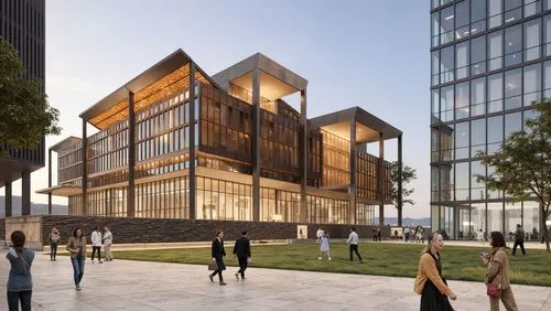 several people are walking around an outside area with lots of windows,glass facade,modern office,new building,office buildings,glass facades,glass building,redevelopment,modern architecture,office bu