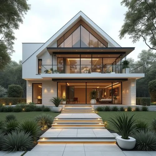 A hyper-realistic, high-resolution architectural photograph of a contemporary, two-story luxury home featuring a prominent A-frame roofline and a striking, double-height glass façade. The exterior wal
