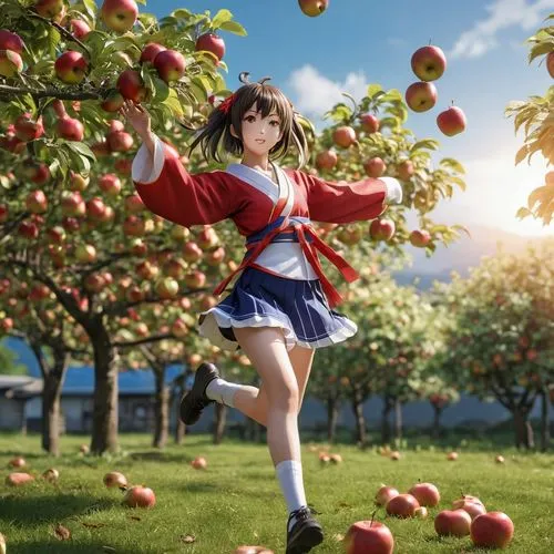 flying anime character,japanese style,girl,apples,a person that is holding onto some apples,picking apple,girl picking apples,apple orchard,apple picking,apple harvest,apfel,Photography,General,Realis
