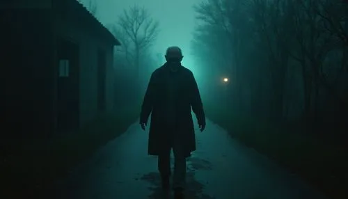 halloween random scene from horror movie,old man,a person standing on a foggy sidewalk with light shining through the mist,slender,man silhouette,skinwalker,walking man,oxenhorn,sleepwalker