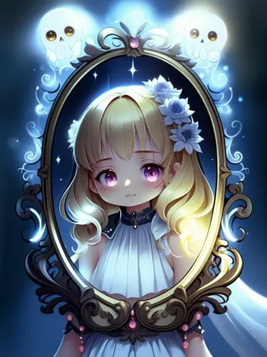A young woman with glowing eyes,a little girl wearing a white dress looking at a mirror,magic mirror,vestal,constellation lyre,marionette,psychic vampire,transparent background,edit icon,toga,ghost gi