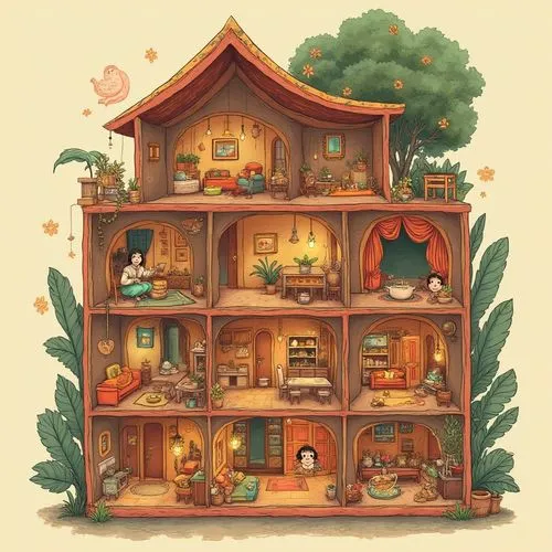 Cozy cut-section of a whimsical Indian home inspired by a tiffin box — round rooms stacked like compartments, each showing daily life scenes: a woman making chai, kids playing, laundry drying on the b