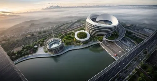 convention center, modern, curve, bird eye view, urban environment, yogyakarta indonesia, morning,futuristic architecture,chongqing,chinese architecture,singapore,urban towers,sky apartment,tianjin,re