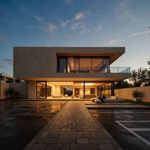 modern duplex villa, teak wood pergola, living room with warm lighting can be seen inside thru a vitrocsa minimalist large windows with partially covering blinds, the fence is made of painted concrete
