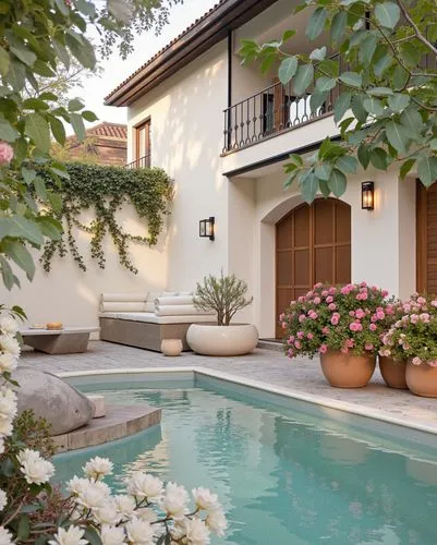 Modern, Soft stucco walls with terracotta roof tiles, arched wooden-framed glass doors, potted blooming flowers in warm terracotta pots, cozy outdoor seating with neutral cushions, reflective turquois