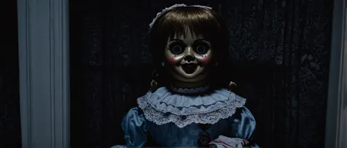 Create a horror prompt where the protagonist encounters the cursed Annabelle doll.,doll head,creepy doorway,it,doll's head,wooden doll,voo doo doll,killer doll,creepy clown,horror clown,scary clown,ra