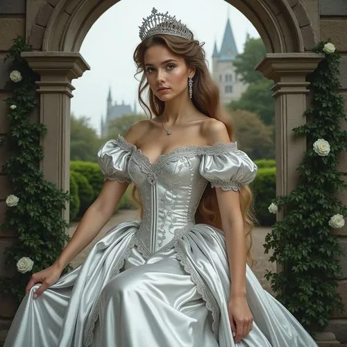 A photo-realistic shoot from a frontal camera angle about a beautiful woman in a silver wedding dress sitting elegantly in an archway surrounded by greenery, with a castle in the background. on the mi
