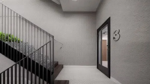 stiarcase,modern interior, bright, apartment building,a large metal staircase and railing on a building,hallway space,stairwell,outside staircase,entryways,3d rendering,wooden stair railing,entryway,s
