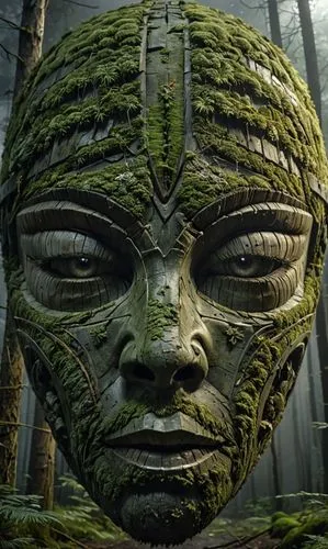 a strange face with many green and mossy decorations,forest man,primitive man,shaman,alien warrior,pygmy,avatar,tree face,guardian,totem,tree man,ancestor,reptilian,stone man,tribal,forsworn,extraterr