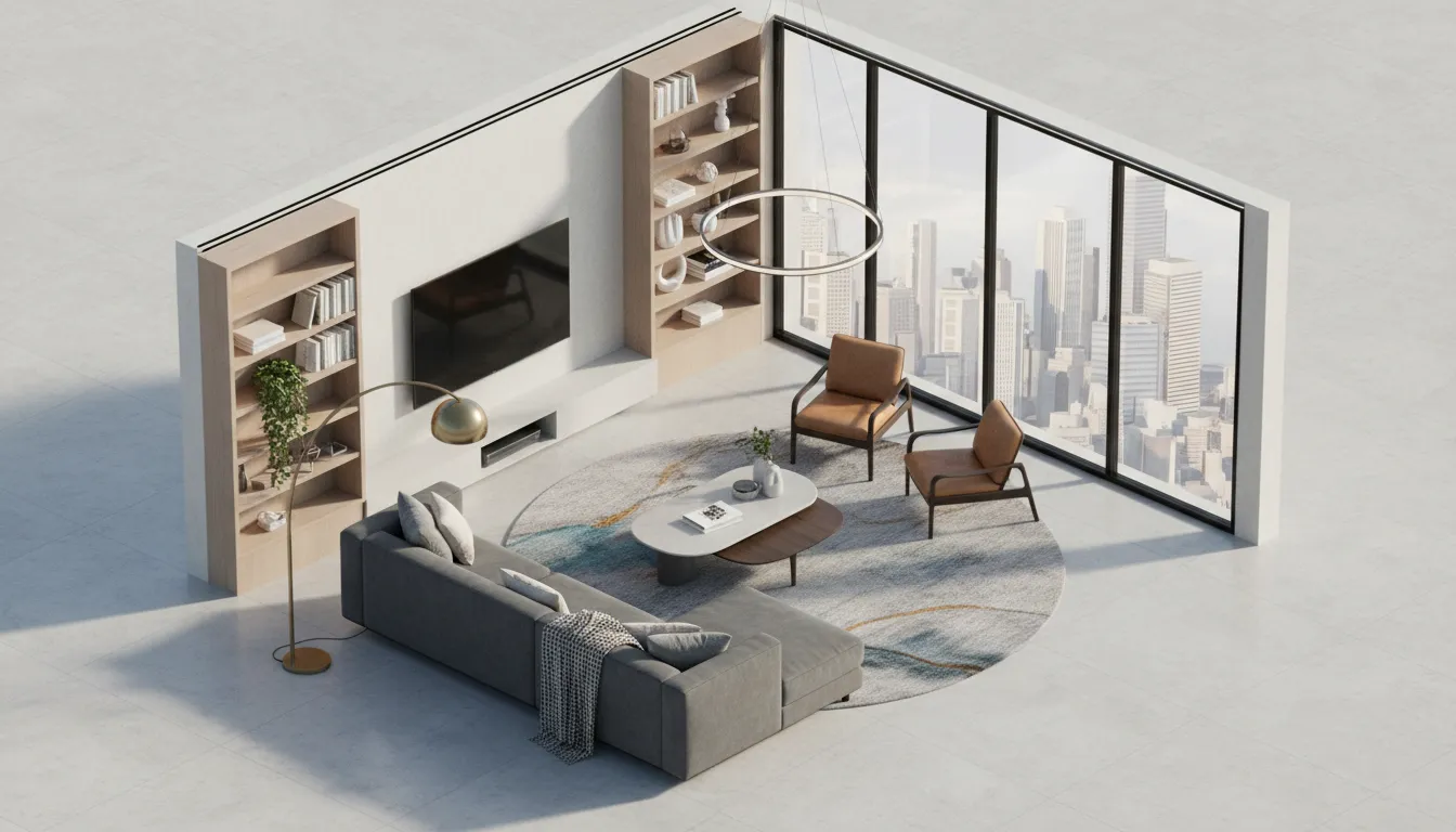 Una stanza isometrica fotorealistica di una zona giorno moderna con un divano accogliente, grandi finestre e mobili di design, generata da PromeAI.