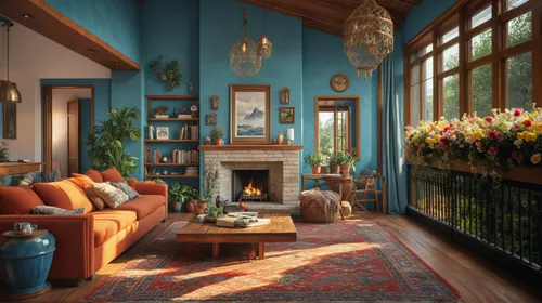 The balcony is full of flowers,sitting room,living room,livingroom,home interior,fireplaces,interior design,beautiful home,fire place,fireplace,dandelion hall,persian norooz,interiors,interior decor,f