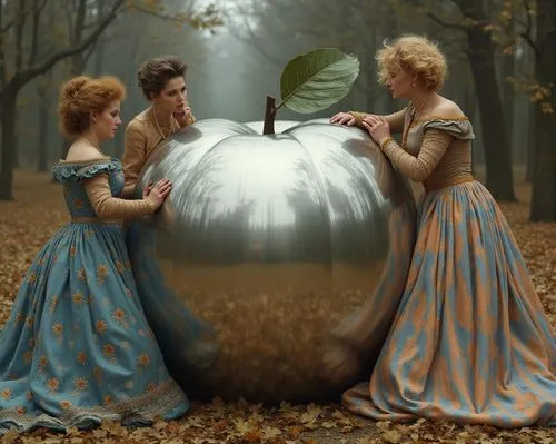 Victorian women surrounding a giant silver apple, their clothes are very elegant and beautiful, blue and orange striped. There are reflections in the apple photografic






,two women dressed in peri