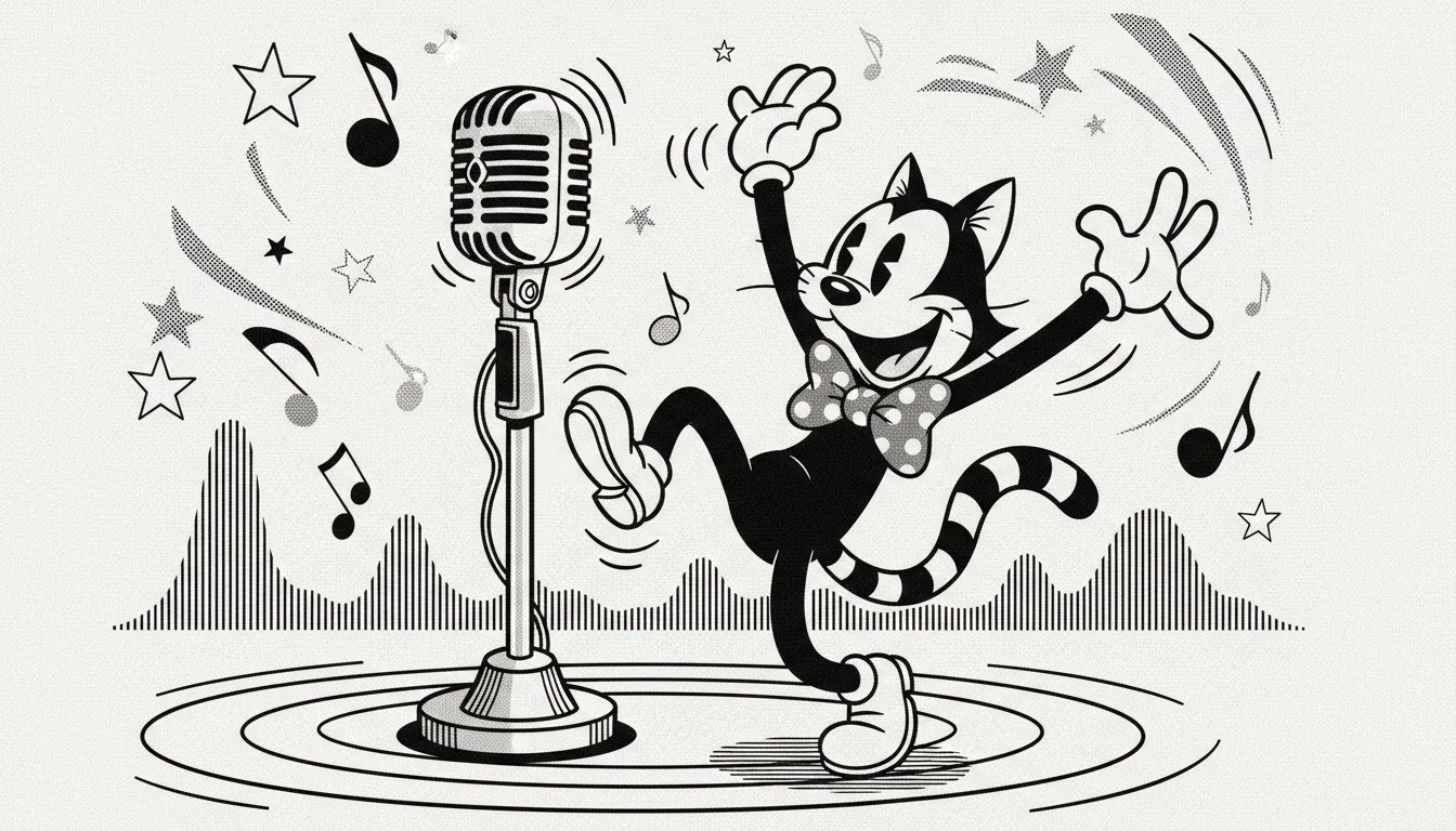 Un allegro personaggio di un cartone animato in bianco e nero in stile Animazione Rubber Hose che balla davanti a un microfono vintage.