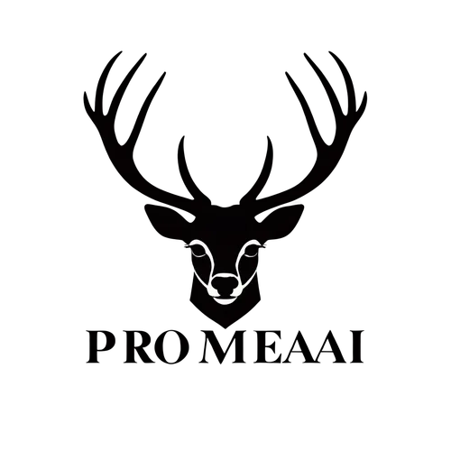 Flat, minimalist vector graphic in black, Logo for Promeai on the theme of a deer, logo style, white background, with text "promeai",proa,meat products,company logo,pioneer badge,logodesign,automotive