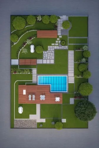 rooftop,a top down s of a backyard from above,modern house,pool house,residential house,mid century house,house with lake,aqua studio