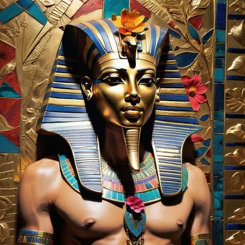 Anubis, represented by the head of a jackal, takes on a muscular male human body and looks at the mask of Tutankhamun, in the background a large wall adorned with brightly colored Egyptian hieroglyphi