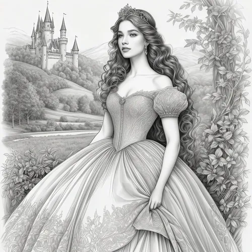 A highly detailed, realistic pencil or charcoal drawing on a white background, depicting an ethereal, regal young woman in a fantasy-inspired, fairy-tale setting, rendered with fine lines, cross-hatch