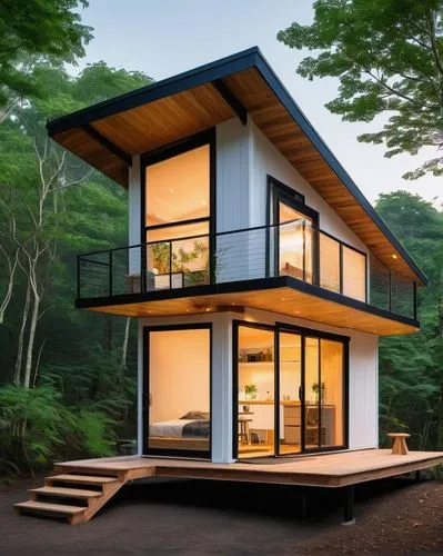 Tiny home, modern architecture, compact design, 200 sqft, white exterior, wooden accents, large windows, sliding glass door, cozy interior, minimal decor, functional furniture, loft bed, ladder, small