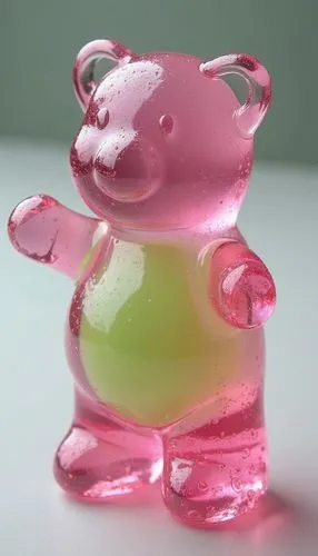 [gummi bear] figurine by glass, in the style of layered translucency, [green] and [pink], Light], 20 megapixels, transparency,an image of a bear in pink and green,frog figure,gummy bear,water frog,mak