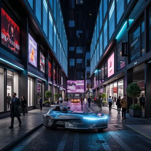 Metallic surfaces, chrome accents, neon-lit signage, glossy paints, iridescent coatings, holographic patterns, translucent plastics, LED lighting strips, fiber-optic textiles, reflective glass, mirror