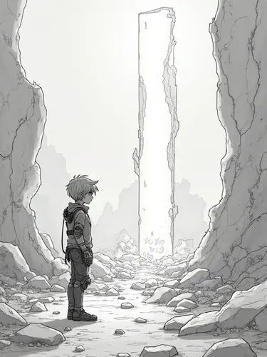 "Depict a lone traveler from the future, wandering through the crumbled remnants of a once-powerful, ancient site. The traveler, a figure with a sleek, minimalist cyberpunk style, stands before the ve