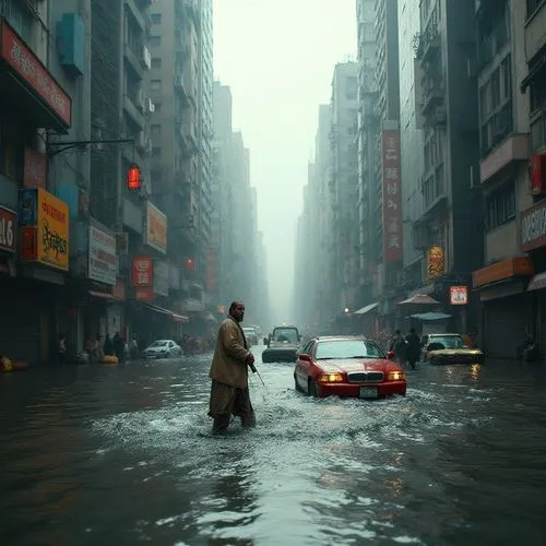 Extreme level view of flood in a city, vehicles are floating in the water, peoples walking through the water and passing through water using small boats,man standing in a flooded street in a city,floo