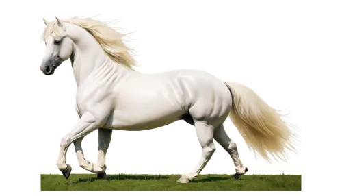 Majestic horse, white horse, galloping, flowing mane, strong muscles, shiny coat, green pasture background, warm sunlight, soft focus, cinematic lighting, panoramic view, 3/4 composition, detailed fur