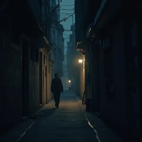 A scene of someone walking alone through a dark city alley with lo-fi music evokes a lonely yet calm feeling. The contrast between shadows and light under streetlights can be expressed softly to add t