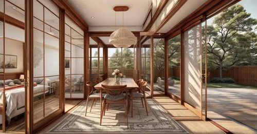 A wooden dining table with four chairs is the central focus. A vase of flowers adorns the table, and a large window provides natural light. The walls are light-colored, contrasting with the darker woo