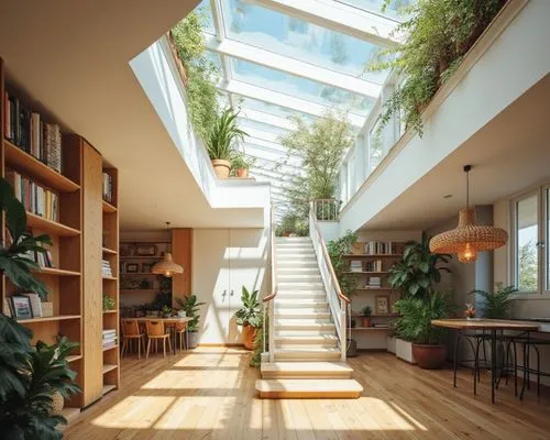 An open, contemporary loft with a unique skylight ceiling. The space features wicker pendant lights that cast soft, patterned shadows, while a white staircase leads to a rooftop garden visible through