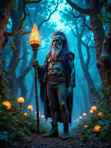 a starkly lit, intricately detailed, and vibrant illustration of an elderly iridescent blue mushroom male, with delicate but distinct facial features, soft, luminescent skin, tattoos, and a mop of wil