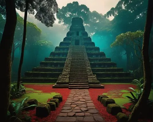 Ancient Mesoamerican temple, pre-Columbian architecture, stepped pyramid, intricate stone carvings, vibrant turquoise and red paint, lush jungle surroundings, misty atmosphere, atmospheric lighting, d