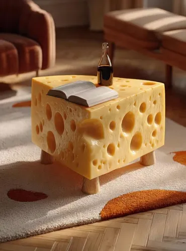 The cheese table gently pulses or expands slightly, mimicking the soft, elastic texture of real cheese. A subtle, glistening sheen moves slowly across its surface, as if light is reflecting off slight