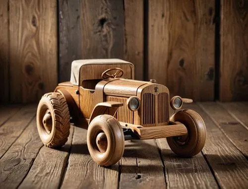A charming oak wooden toy, handcrafted with natural wood grain texture and warm brown tones, placed on a rustic wooden surface in soft natural lighting, evoking a sense of nostalgia and craftsmanship.