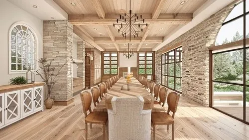 modern rustic dining hall. add lighting, trees. show colors stone floor, wood, white plaster textures,wooden beams,breakfast room,luxury home interior,kitchen & dining room table,dining room table,din