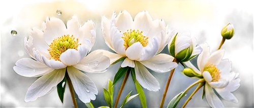 Delicate white peony flowers, soft petals, golden anthers, green stems, dew drops, morning light, shallow depth of field, warm color tone, 3/4 composition, cinematic lighting, close-up shot, gentle fo