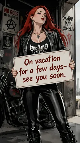 Manga style:

Sasha, a woman of Slavic descent in her thirties, 1.68m tall, with small pointed ears, long scarlet hair, red eyes, and an athletic build.
She is wearing a black leather jacket, a black 