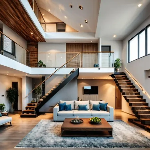A DUPLEX LIVING ROOM WITH OPEN CEILING AND A STAIRCASE WITH A HUGE MODERN CHANDLER IN MODERN AND SUPER LUXURY FINISH WITH PROPER LIGHT AND EFFECTS,loft,modern living room,modern decor,contemporary dec