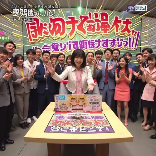A dynamic and lively scene from a Japanese variety talk show. The central figure is a woman performing a playful and comedic act, exaggerated and intentionally over-the-top, drawing laughter and appla