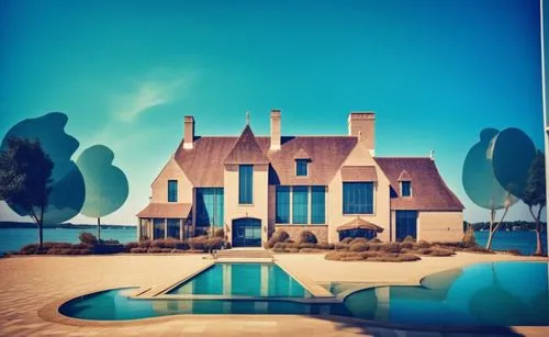 glass bricks tiles garden sunlight blue sky landscape people lake trees seaside waterfront park hotel,an image of a home on a lake that looks very pretty,beach house,pool house,summer cottage,house si