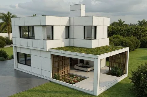 dos casas linderas , minimalistas , de estilos diferentes , con paredes de mamposteria estucada , en colores engamados y carpinterias de madera , panelo solar en el techo  y un jardin circundate , con