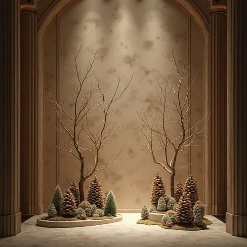 A subdued Christmas tone in a surreal combination with minimalistic compositions, evoking a sense of tranquility, art installations, simple 3D compositions with fir cones and twigs in a minimalist sty
